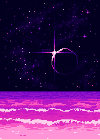 Pixel art night at the ocean - front: the ocean full of huge waves. Background: dark sky full of shining stars (huge planet in the middle). Colors. Purple and pink