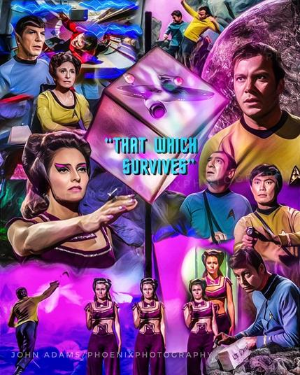 A collage poster for the Star Trek episode That Which Survives, featuring the Enterprise trapped in a crystal cube in the center, surrounded by members of the Star Fleet crew. Among them, a young woman reaching out to the viewer and members of the crew looking concerned