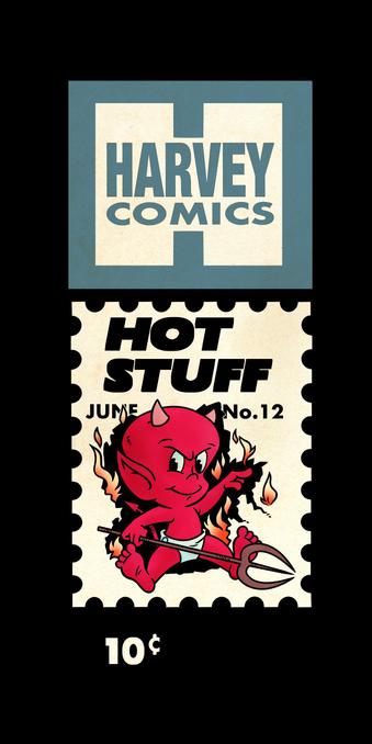 Little red skinned baby with a large head and pointed ears wearing a white nappy. He is sitting down, pointing with his left forefinger and holding a trident in his right hand, the area around him appears to have caught fire as a few patches of flames can be seen. The words Hot Stuff and the Harvey comics logo can be seen above the characters head.