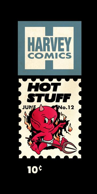 Little red skinned baby with a large head and pointed ears wearing a white nappy. He is sitting down, pointing with his left forefinger and holding a trident in his right hand, the area around him appears to have caught fire as a few patches of flames can be seen. The words Hot Stuff and the Harvey comics logo can be seen above the characters head.