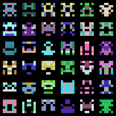 a 6x6 grid of multicolored 6x6 pixel aliens a la space invaders