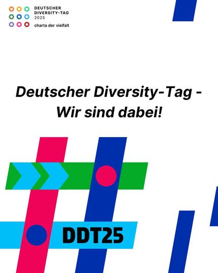 Grafik zum Deutschen Diversity-Tag 2025 mit farbigen Linien und dem Text 'Wir sind dabei!' sowie 'DDT25'.