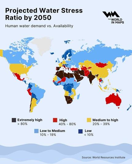 Image/ graphic of a worldmap which shows projected water stress ratio by 2050