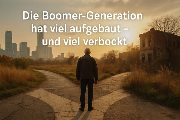Ein fotorealistisches Bild zeigt einen Mann, der nachdenklich an einer Weggabelung steht. Vor ihm teilt sich ein gesprungener Betonpfad: zur linken Seite erstreckt sich eine blühende, moderne Stadtlandschaft mit lebendiger Architektur und Technik – Symbol für Fortschritt und Aufbau. Zur rechten Seite jedoch beginnt ein verwildertes, verfallenes Terrain mit zerbrochenen Bauwerken, überwuchertem Asphalt und dunklen Wolken – Sinnbild für Versäumnisse und Kollateralschäden. Im Himmel dahinter glüht ein goldener Sonnenuntergang, der Hoffnung wie Abschied zugleich andeutet. Eingeblendet steht der Satz: „Die Boomer-Generation hat viel aufgebaut – und viel verbockt.“

⸻

Image Description (English):
A photorealistic image shows a man standing pensively at a fork in a cracked concrete path. To his left lies a thriving modern cityscape, symbolizing progress, innovation, and structural achievements. To his right unfolds a neglected, overgrown ruin with broken buildings and creeping decay – representing the consequences of neglect and excess. A golden sunset in the sky above casts both a nostalgic glow and a hopeful light. Superimposed is the German sentence: “Die Boomer-Generation hat viel aufgebaut – und viel verbockt,” meaning, “The Boomer generation has built a lot – and messed up a lot.”🖖
