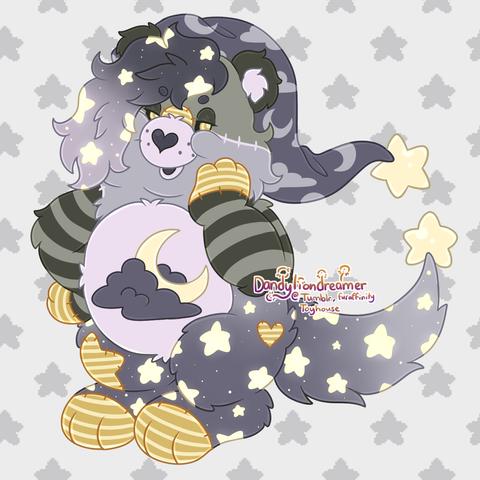 my fursona dog oc nappy pappy redesigned to look like a care bear, their tummy symbol is a cloud with a moon, their hair and tail is grey with stars glowing on them, she wears a nap cap with moons and clouds on it