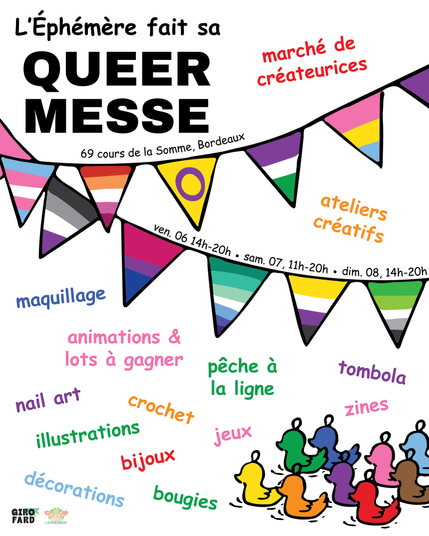 Visuel illustré avec des guirlandes de fanions aux couleurs des drapeaux LGBTI et un texte qui reprend les infos du post et détaille les activités de l'événement (marché de créateur'ices, maquillage, animations et lots à gagner, nail art crochet illustrations jeux bougies pêche a la ligne zines tombola et ateliers créatifs)