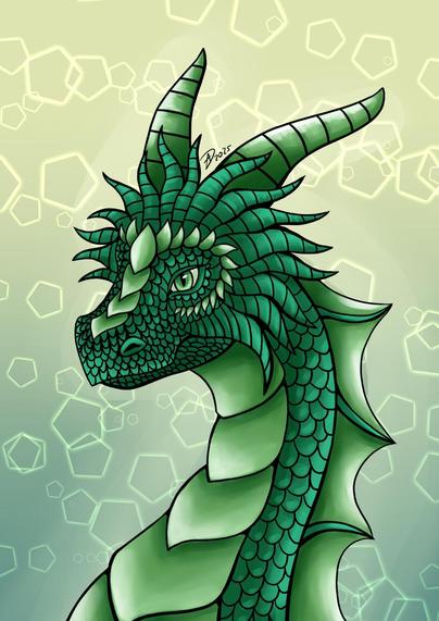 Ihr seht hier einen grünen Drachenkopf mit zahlreichen Schuppen und Hörnern. Zwei sehr große Hörner wachsen aus dem Kopf. Das Drachenauge ist grün wie die Schuppen. Der Hintergrund ist schlicht gehalten.