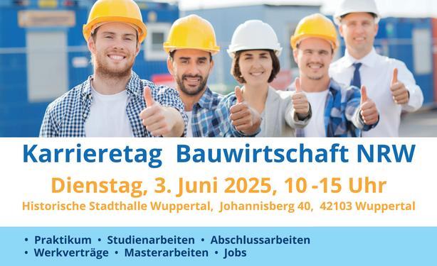 Werbebanner de NRW Bautages: Mehrere Personen in Bauarbeiter-Outfit dazu der Titel der Veranstaltung und der Termin
