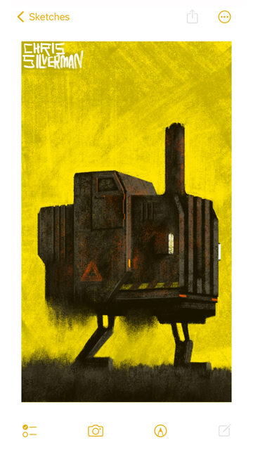 A large, rusty metal machine staggers forwards on two mechanical legs. The machine looks like something between a construction vehicle and a short, squat locomotive. It has a large grill in front, a small cab up top with no windshield, and a small door in the side. A tall smokestack extends up from the front hood. The machine has headlights and yellow warning stripes, with a faded red triangle painted on the side. Moss and dirt hangs from the underside. No driver is visible. The sky is an eerie goldenrod yellow. The painting is signed "Chris Silverman".