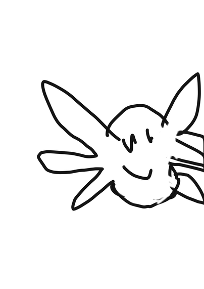 A simple crudely drawn axotol head smiling round face oval frills/web sticking from its head eyes closed happy face.