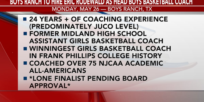 Boys Ranch ISD to hire Eric Rodewald as new head boys basketball coach, pending board approval