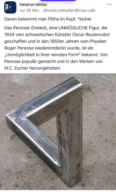 Das Bild zeigt eine scheinbar massive Metallskulptur in Form eines Penrose-Dreiecks – einer „unmöglichen Figur“, die sich bei genauem Hinsehen als perspektivische Täuschung entlarvt. Es symbolisiert auf eindrucksvolle Weise die Diskrepanz zwischen Wahrnehmung und Wirklichkeit und spielt mit den Grenzen unseres Denkens.

Image description (English):
The image shows a seemingly solid metal sculpture shaped like a Penrose triangle – an “impossible object” that, upon closer inspection, turns out to be a clever perspective illusion. It powerfully illustrates the gap between perception and reality, challenging the limits of our cognitive framework.🖖