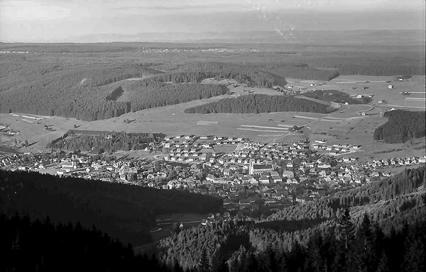 Schwarzeweiß-Foto: Neustadt vom Hochfirst aus gesehen, Aufnahme von Willy Pragher im August 1963. Zu sehen sind Stadt und näheres Umland in einiger Entfernung aus einer erhöhten Perspektive.
