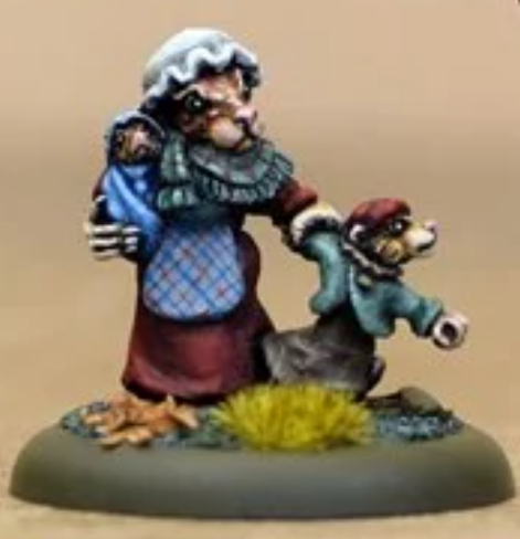 We have an anthropomorphic mouse mother wearing a dark red dress, a grey shawl and a white hat. She's holding a little baby in blue swaddling in her left hand whilst the right hand holds the scruff of the neck of a young mouse who's eager to start running. He's wearing a blue coat and a red cap. She looks slightly angry.
