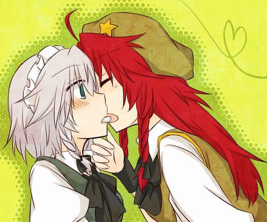2girls, blush, braid, commentary request, grey hair, hat, hat ornament, heart, imminent kiss, long hair, looking at another, maid headdress, multiple girls, open mouth, red hair, short hair, simple background, star (symbol), star hat ornament, twin braids, yuri