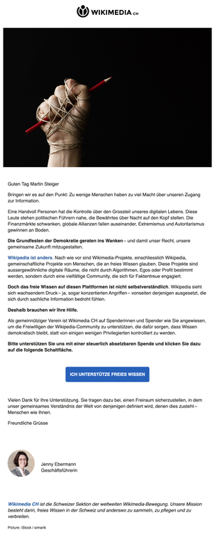 Screenshot: E-Mail-Werbung von Wikimedia CH.