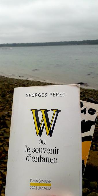 Couverture du livre de Georges Perec, "W ou le souvenir d'enfance". Éditions L'imaginaire Gallimard. 
Photo prise sur une grève au bord de la mer en Bretagne Nord, le ciel est gris et voilé.