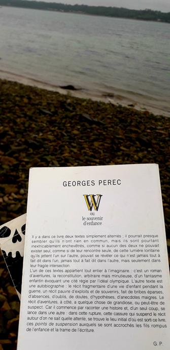 4ème de couverture du livre de Georges Perec, "W ou le souvenir d'enfance". Éditions L'imaginaire Gallimard. 
Photo prise sur une grève au bord de la mer en Bretagne Nord, le ciel est gris et voilé.