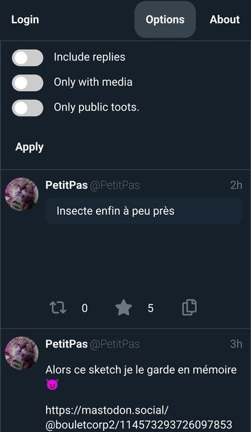 Capture d'écran de mes pouets sur le site mentionné, avec les filtres possible en haut (menu options, en anglais) : inclure les réponses, seulement avec médias, seulement pouets publics