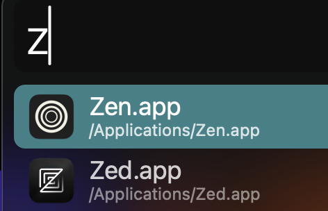 Screenshot of a search through macOS apps showing Zen and Zed as close matches when entering the letter Z.