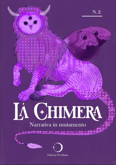Una chimera con testa di gufo, antenne di axolotl, ali di falena e zoccoli di cavallo fissa il lettore con i suoi tre occhi.