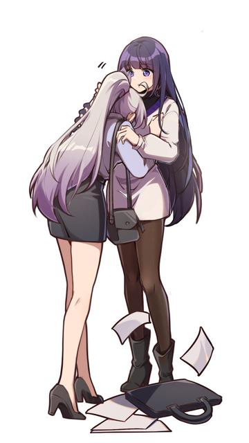 2girls, ahoge, back, bag, black boots, black pantyhose, black shoes, black skirt, blue skirt, blunt bangs, boots, collared shirt, couple, hair down, hand on another's shoulder, high heels, highres, hug, leaning on person, long hair, long sleeves, looking down, multicolored hair, multiple girls, open mouth, pantyhose, paper, ponytail, purple eyes, purple hair, shirt, shoes, shoulder bag, simple background, skirt, standing, sweater, white background, white hair, white sweater, yuri