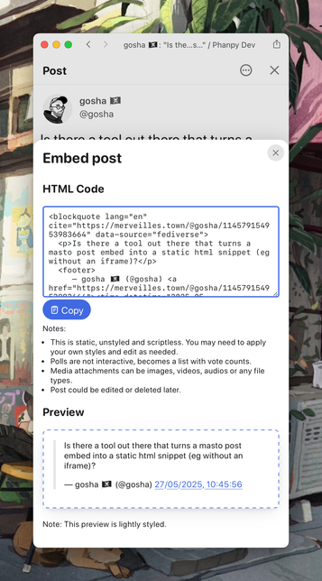 A screenshot of a post prepared as a HTML snippet for embedding in Phanpy
