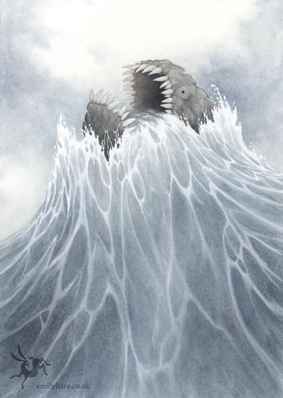 a huge sea monster breaking the surface of the sea, all you can see is a huge gaping maw, filled with teeth, and the tiny black eyes of the creature, just visible above the waves.