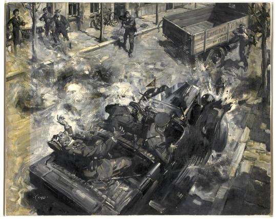 Painting: The assassination of Reinhard Heydrich by Terence Cuneo. It depicts a car with three occupants on a street. One man is firing on the car, another is pulling something from under his jacket. The car driver is slumped over the steering wheel, and the person in the rear seat is being knocked back as he is hit by gunfire.