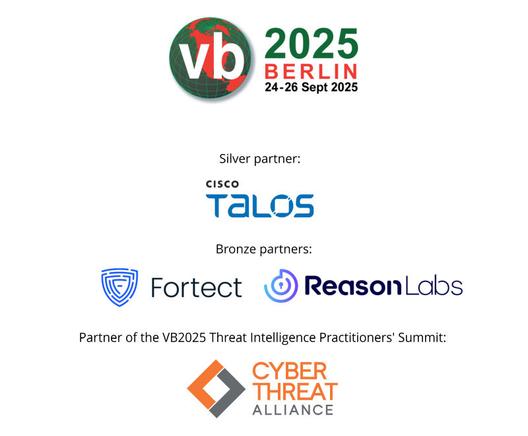 Logos of the partners of VB2025 Berlin. Silver partner Cisco Talos; Bronze partners Fortect & ReasonLabs; partner of the VB2025 Threat Intelligence Practitioners' Summit the Cyber Threat Alliance.