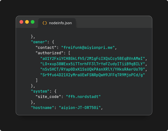 An excerpt of a nodes.json featuring a new field "owner.authorized" and four ssh fingerprints of authoriezed keys in it.