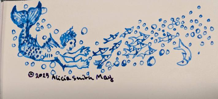 Cute little thumbnail sketch of a merperson and a school of minnows and bubbles.