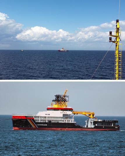Oben: Blick auf den Schleppverband bei der Überfahrt über die Ostsee. unten: seitliche Aufnahme des neuen Mehrzweckschiffes Neuwerk.