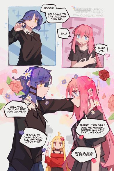 3girls, ?, ahoge, anger vein, black choker, black shirt, blonde hair, blue eyes, blue hair, blue skirt, blush, choker, collarbone, comic, commentary, cube hair ornament, earrings, english commentary, english text, flower, hair flip, hair ornament, hairclip, highres, jewelry, long hair, long sleeves, multiple girls, off-shoulder sweater, off shoulder, open mouth, pink hair, red eyes, ribbon, rose, shirt, short hair, skirt, sparkle, sweater, white shirt, yellow eyes, yuri