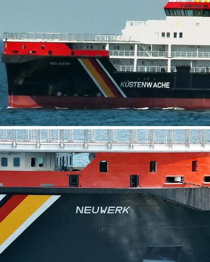 Kollage mit zwei Bildern: oben und unten: Mehrzweckschiff Neuwerk bei Ostsee-Passage aus der Nähe. oben: Schriftzug "Küstenwache", unten: Schriftzug "Neuwerk".