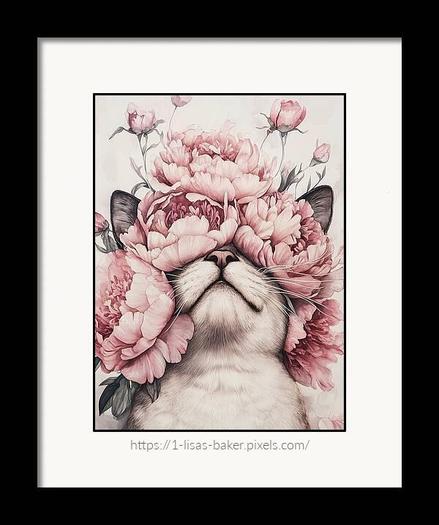 an art print displayed with a frame and matting of a whimsical portrait of a cat wearing a lush crown of soft pink peonies, with delicate floral details surrounding its serene expression, creating a dreamy, romantic, and playful composition. Art by Lisa S Baker.