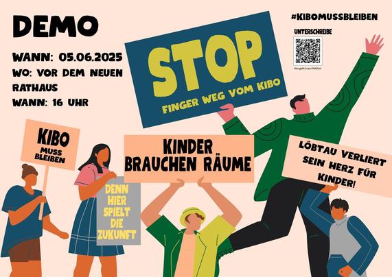 Ein Demo-Plakat mit demonstrierenden, gemalten Menschen, die Schilder hochhalten: "STOP FINTER WEG VOM KIBO", "KIBO MUSS BLEIBEN". Und Text: Demo: 05.06.2025, Vor dem neuen Rathaus, 16 Uhr.