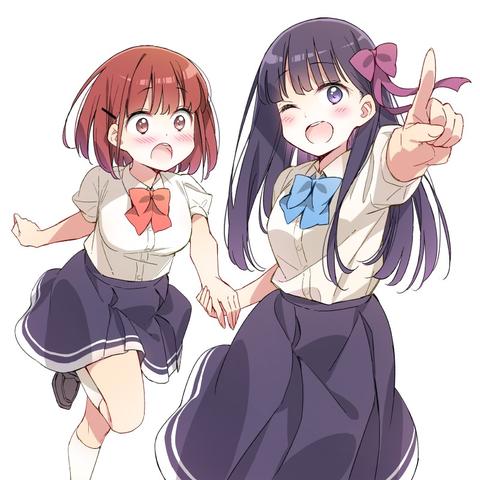 2girls, black hair, blue bow, blush, bow, hair ornament, hair ribbon, hairclip, holding hands, kneehighs, long skirt, miniskirt, multiple girls, orange eyes, orange hair, purple eyes, red bow, ribbon, school uniform, skirt, socks, white socks, yuri