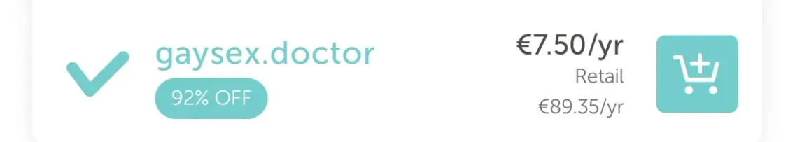 gaysex dot doctor domain: 7.5€ first year, 89.35€ each year afterwards