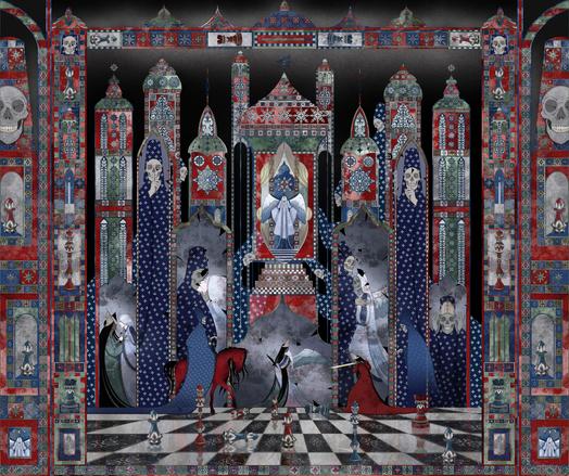 The image shows a scene with bright towers, Jinn that looks like a skeleton, the Queen and the angel from my previous illustration "Angel's Whisper" and chessboard floor with chess piece on it. The story is about the Jinn who can duplicate themselves to play mind games with the Queen. There are mirrors in the middle ground showing intrusive thoughts to hurt the Queen. One image shows the angel stabbing the Queen, second one shows the Jinn kissing the angel, another image shows the angel become a skeleton and the last image shows the Jinn try on Queen's crown. The Queen and the Jinn in their material form are facing each other. The Queen is holding a sword and the Jinn is riding a bright red horse. The floor looks like chessboard with red and blue chess pieces. The artwork has a frame stylized in a similar way as the towers in the background. The artwork is mostly dark with green, blue and red accents.