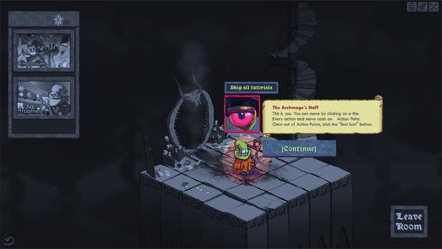 Isoterick screenshot. In the starting room, the portal still smouldering, the player stands in the middle. They're zoomed in and in color while the rest of the room is in blue-tinted grayscale. A tutorial bubble is open. It displays the Archmage's Staff in a teacher's hat, and it says: "This is you. You can move by clicking on a tile. Every action and move costs and Action Point. Once out of Action Points, click the 'End Turn' button."