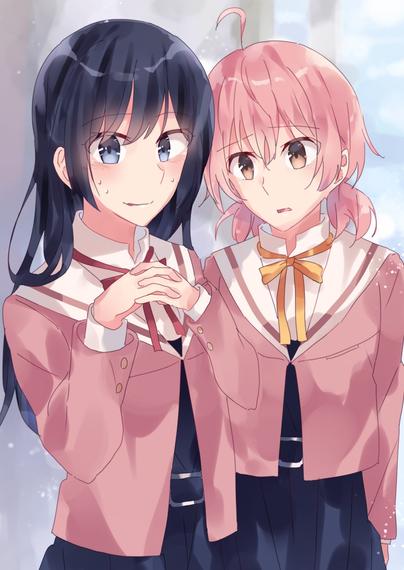 2girls, ahoge, bad id, bad pixiv id, black hair, black skirt, blue eyes, blush, brown eyes, highres, long hair, multiple girls, open mouth, own hands clasped, own hands together, pink hair, pink ribbon, ribbon, school uniform, short hair, skirt, smile, tohmi higashi high school uniform, yellow ribbon, yuri