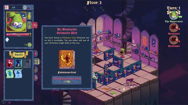 Isoterick screenshot. In a regular library room, the player has just found a Grimoire, a permanent spell. The Grimoire is for a Fulminous Coat spell. However, their 3 Grimoire slots are filled with Cyclopean Wallop, Animaekinesis and Plane Walk. They can either sell one of those three or sell the one they just found.