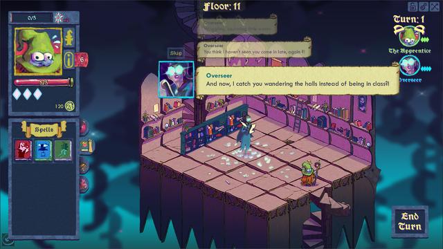 Isoterick screenshot. A special libary room with a Spectre-colored sky. A tall female ghost stands in the middle, the groud littered with paper, wearing shining oversized glasses. She's the Overseer and she's currently threatening the player.
"And now, I catch you wandering the halls instead of being in class?!"
