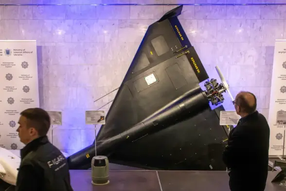 The Iranian-made unmanned aerial vehicle UAV Shahed 136 warhead, used in Russia under the name Geranium-2, is on display at an exhibition in Kyiv, Ukraine, in Feb. 2025