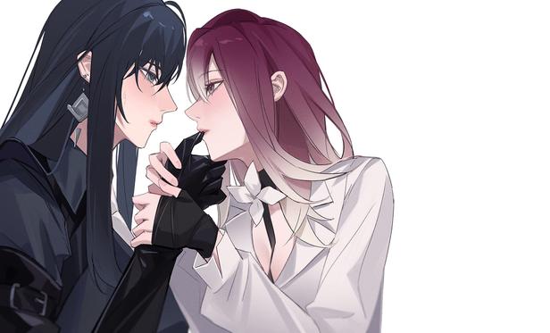 2girls, biting, biting glove, black choker, black coat, black gloves, black hair, black ribbon, blush, choker, coat, commentary, earrings, elbow gloves, eye contact, flower, gloves, gradient hair, highres, jewelry, long hair, looking at another, mouth hold, multicolored hair, multiple girls, parted lips, purple hair, ribbon, shirt, simple background, sweat, upper body, white background, white flower, white hair, white shirt, yuri