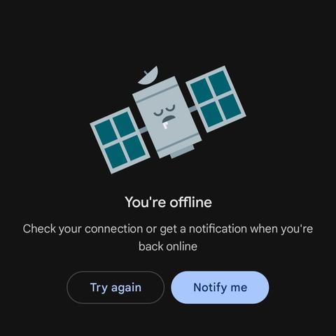 Part of screenshot showing Google Play Services complaint about missing internet connection. It's a cartoon of an exhausted satellite.