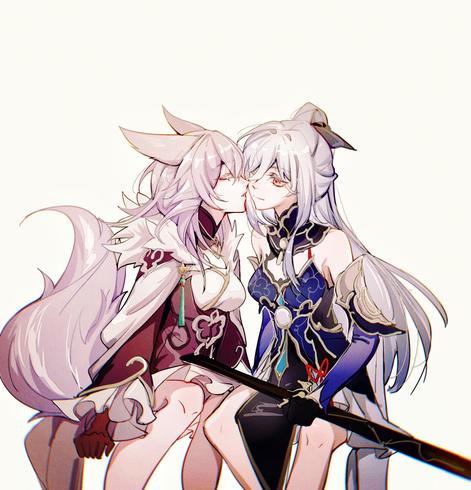 2girls, animal ears, bare shoulders, black gloves, blue dress, chinese commentary, closed eyes, collared dress, commentary request, detached sleeves, dress, feet out of frame, fox ears, fox girl, fox tail, from side, fur-trimmed dress, fur trim, gloves, hair ribbon, high ponytail, highres, imminent kiss, invisible chair, kiss, kissing cheek, long hair, looking at another, multiple girls, one eye closed, parted lips, pink hair, ponytail, profile, purple dress, red eyes, red gloves, ribbon, simple background, sitting, smile, tail, white background, white hair, yuri
