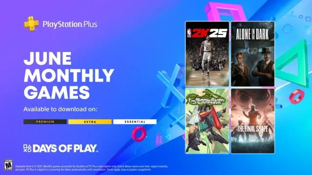 A promotional graphic for PlayStation Plus June Monthly Games. The image displays a blue and purple background with PlayStation symbols. Text on the left reads "PlayStation Plus JUNE MONTHLY GAMES". Below this, it indicates availability on "PREMIUM," "EXTRA," and "ESSENTIAL" tiers, with "ESSENTIAL" highlighted. The "DAYS OF PLAY" logo is also visible. On the right, four game covers are shown: "NBA 2K25," "ALONE IN THE DARK," "CASSETTE BEASTS," and "DESTINY 2 THE FINAL SHAPE." Small print at the bottom mentions availability from 6/3/2025 and that game library varies.