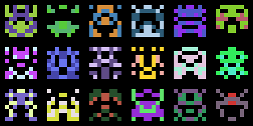 a 6x3 grid of multicolored 8x8 pixel aliens a la space invaders